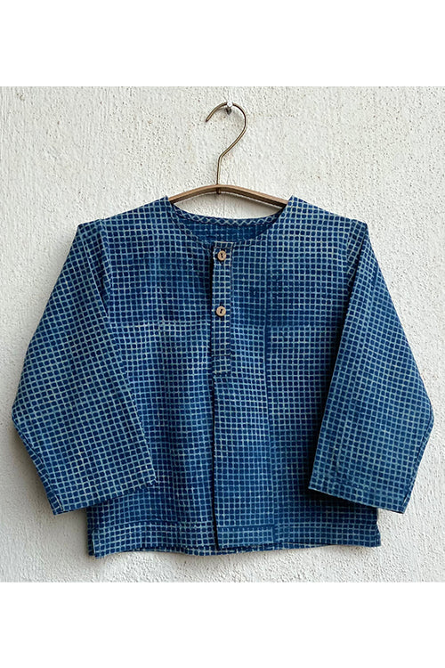 Whitewater Kids Unisex Organic Indigo Check Kurta Top With Raidana Pants