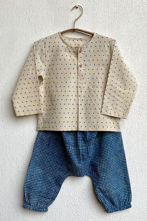 Whitewater Kids Unisex Organic Indigo Raidana Kurta Top With Check Pants
