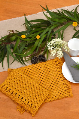 Indianyards Set Of 2 Premium Cotton Macrame Rectangle Placemats| Rectangle | Mustard Yellow