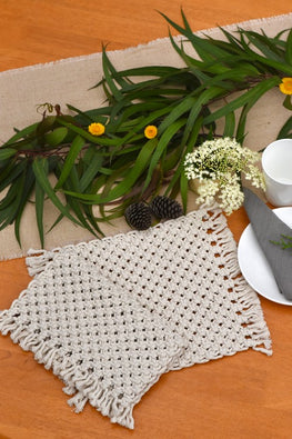 Indianyards Set Of 2 Premium Cotton Macrame Rectangle Placemats| Rectangle | Offwhite