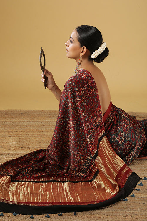 Dark Red Ajrakh Printed Modal silk saree