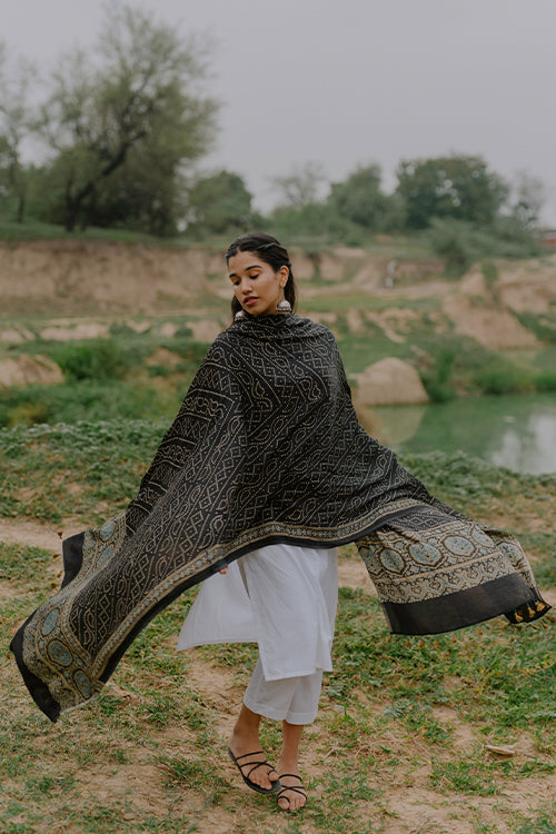 Jabbar Khatri Black Modal Handblock Printed Ajrakh Dupatta Online