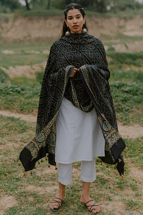 Jabbar Khatri Handblock Printed Ajrakh Black Modal Dupatta