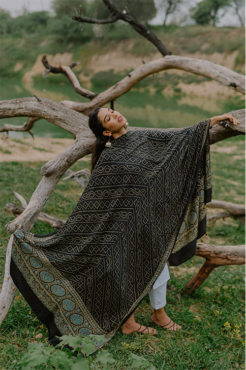 Jabbar Khatri Handblock Printed Ajrakh Black Modal Dupatta