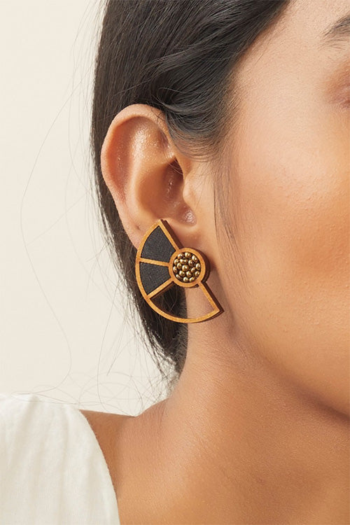 Whe Black Geometrical Repurposed Fabric and wood earring