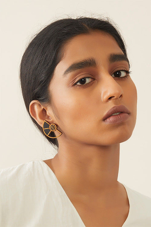 Whe Black Geometrical Repurposed Fabric and wood earring