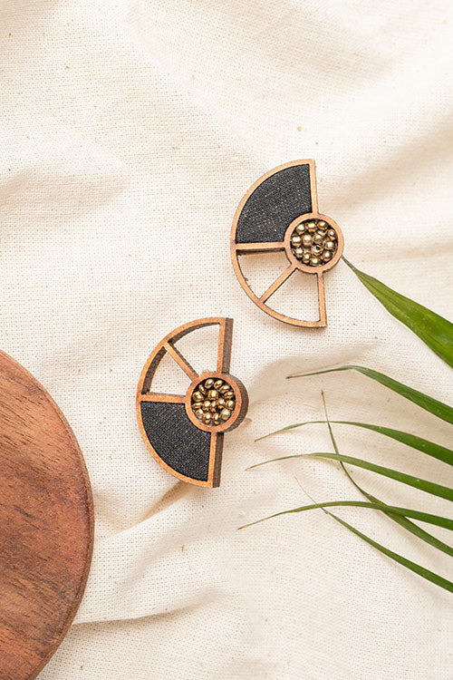 Whe Black Geometrical Repurposed Fabric and wood earring