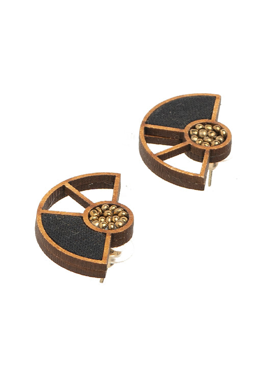 Whe Black Geometrical Repurposed Fabric and wood earring