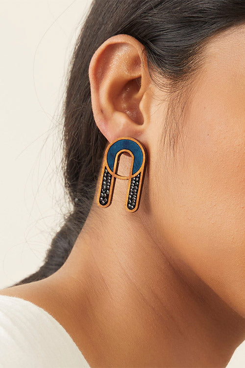 Whe Blue Repurposed fabric and wood earring