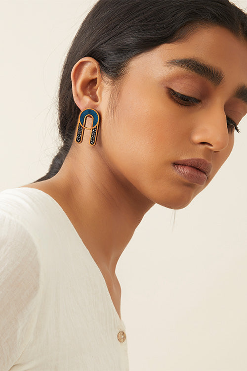 Whe Blue Repurposed fabric and wood earring