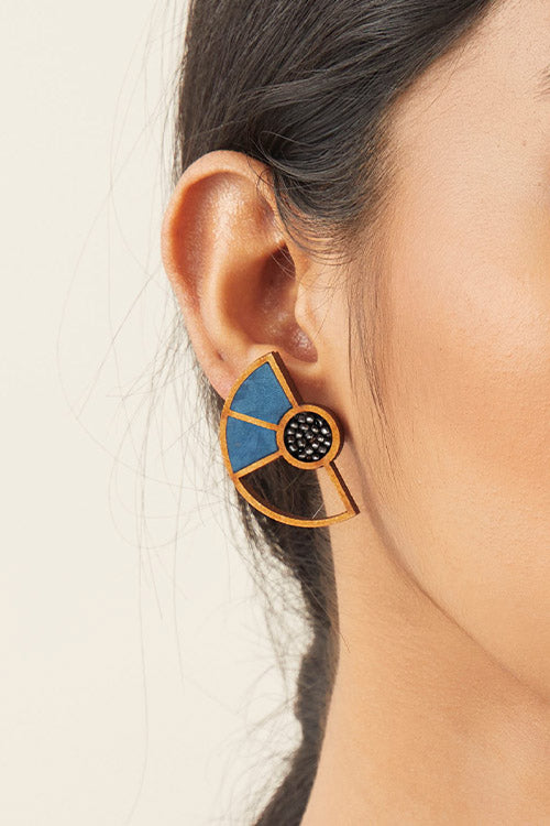Whe Blue Geometrical Repurposed Fabric and wood earring