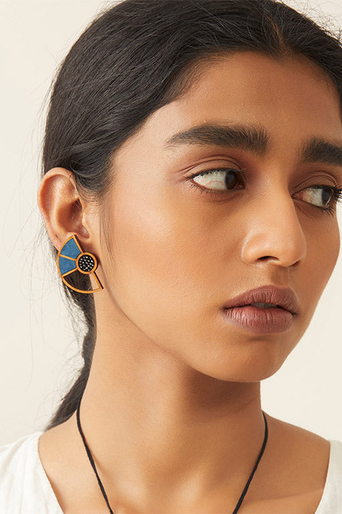 Whe Blue Geometrical Repurposed Fabric and wood earring