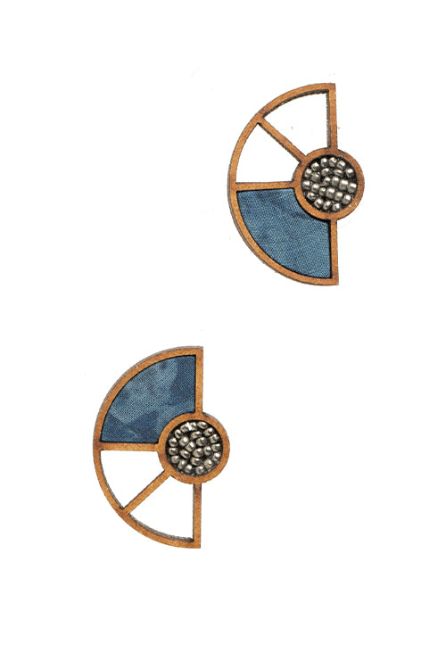 Whe Blue Geometrical Repurposed Fabric and wood earring