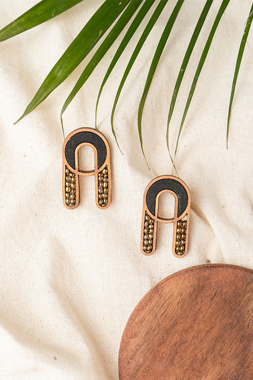 Black Repurposed fabric and wood earring