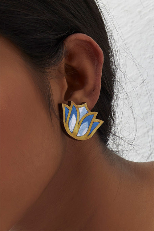 WHE Bloom Lotus Repurposed Fabric and Wood Indigo Stud