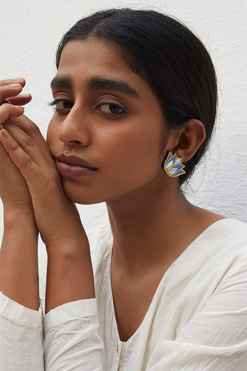 WHE Bloom Lotus Repurposed Fabric and Wood Indigo Stud