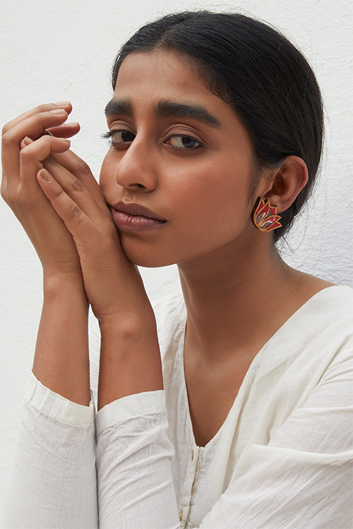 WHE Bloom Lotus Repurposed Fabric and Wood Red Stud