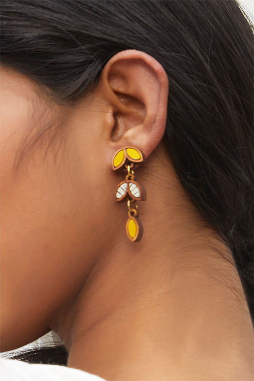 WHE Bloom Leaf Motif Repurposed Fabric and Wood Yellow White Dangler