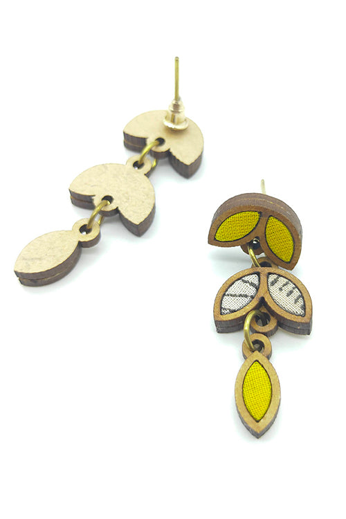 WHE Bloom Leaf Motif Repurposed Fabric and Wood Yellow White Dangler