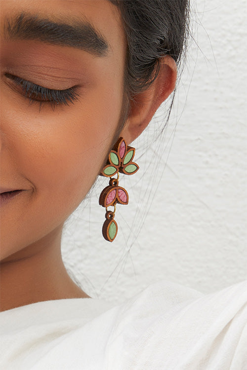 WHE Bloom Leaf Motif Repurposed Fabric and Wood Mint Pink Earring