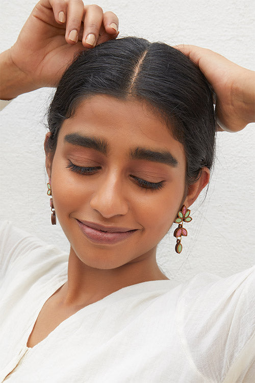 WHE Bloom Leaf Motif Repurposed Fabric and Wood Mint Pink Earring