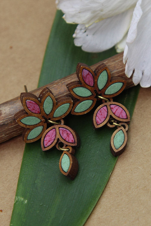 WHE Bloom Leaf Motif Repurposed Fabric and Wood Mint Pink Earring