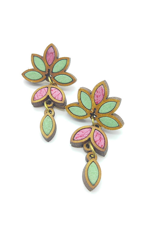 WHE Bloom Leaf Motif Repurposed Fabric and Wood Mint Pink Earring