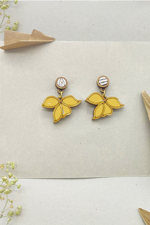 WHE Bloom Leaf Motif Repurposed Fabric and Wood Yellow Earring