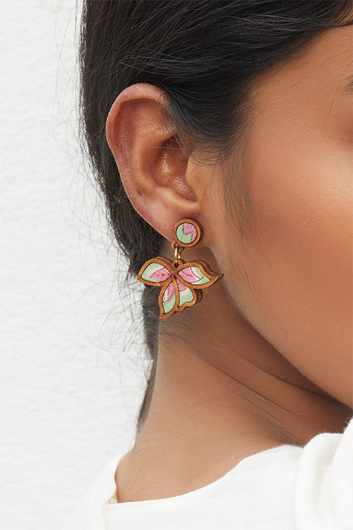 WHE Bloom Flower Motif Repurposed Fabric and Wood Mint Lavender Earring