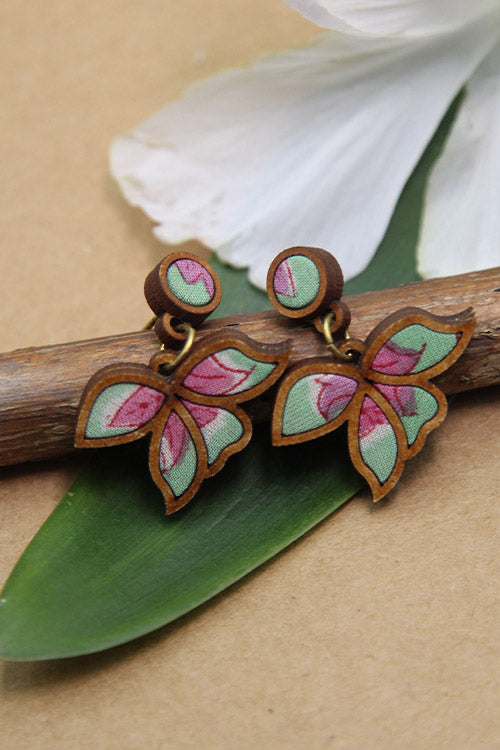 WHE Bloom Flower Motif Repurposed Fabric and Wood Mint Lavender Earring