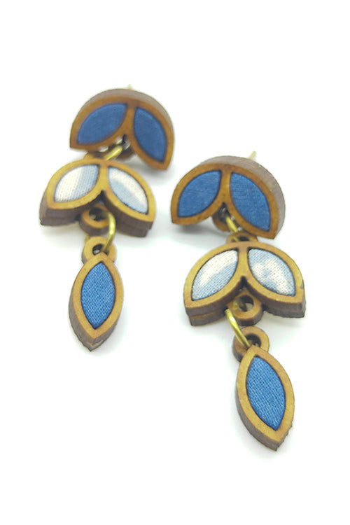 WHE Bloom Leaf Motif Repurposed Wood Fabric and Indigo White Dangler