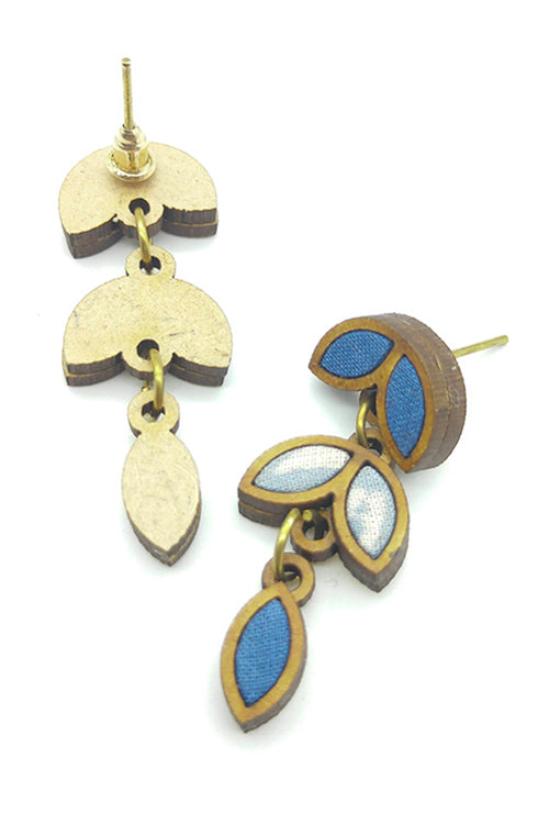 WHE Bloom Leaf Motif Repurposed Wood Fabric and Indigo White Dangler