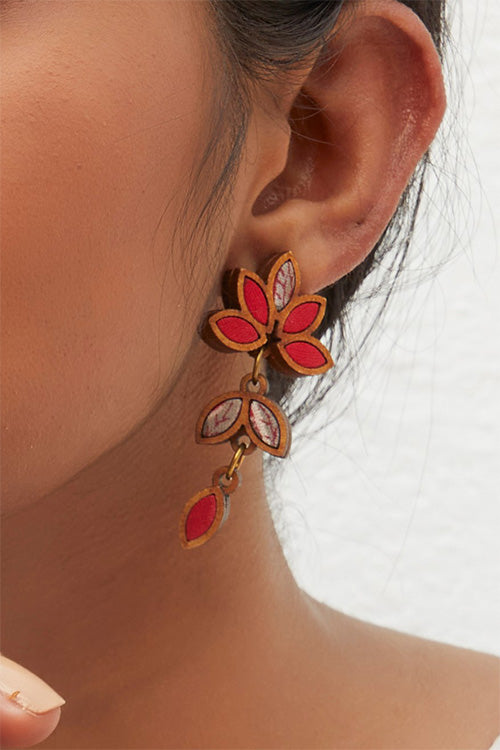 WHE Bloom Leaf Motif Repurposed Fabric and Wood Red Grey Earring