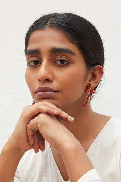 WHE Bloom Leaf Motif Repurposed Fabric and Wood Red Grey Earring