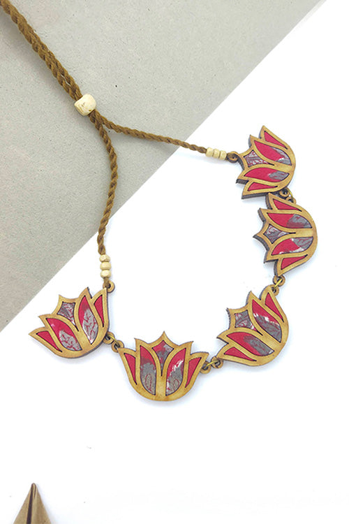 WHE Bloom Lotus Repurposed Fabric and Wood Red Necklace