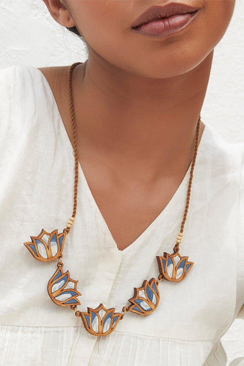 WHE Bloom Lotus Repurposed Fabric and Wood Indigo Necklace