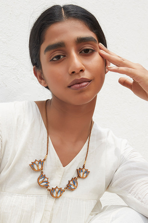WHE Bloom Lotus Repurposed Fabric and Wood Indigo Necklace