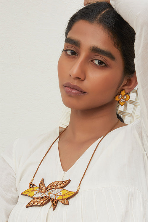 WHE Bloom Leaf Motif Repurposed Fabric and Wood Yellow Necklace