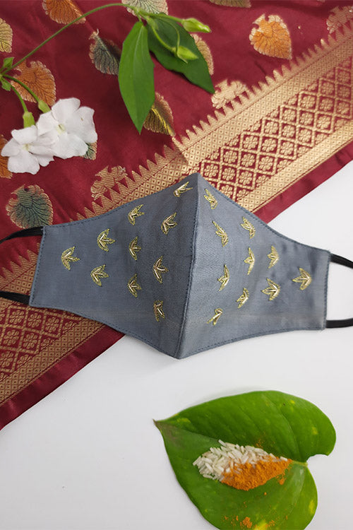 Whebyabira Grey Festive Hand Embroidered Cotton Mask Online