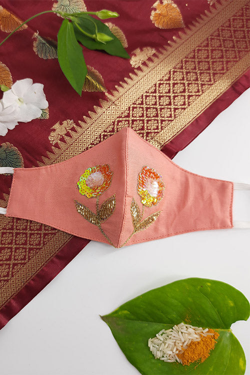 Whebyabira Peach Festive Hand Embroidered Cotton Mask Online
