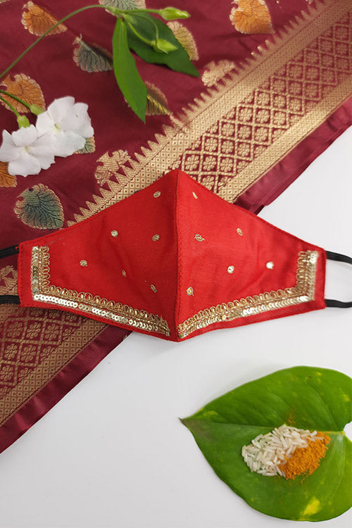 Whebyabira Red Festive Hand Embroidered Cotton Mask Online