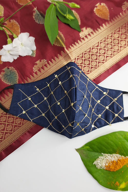 Whebyabira Blue Festive Hand Embroidered Cotton Mask Online