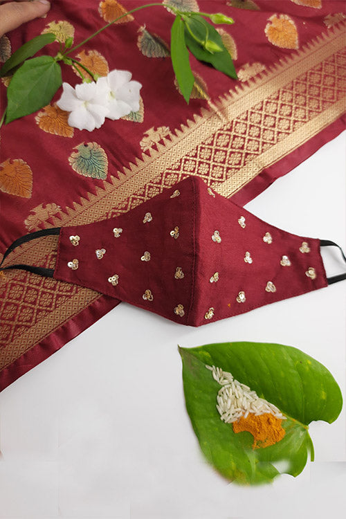 Whebyabira Maroon Festive Hand Embroidered Cotton Mask Online