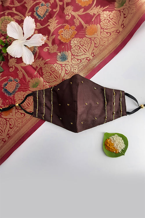 Whebyabira Brown Festive Hand Embroidered Cotton Mask Online