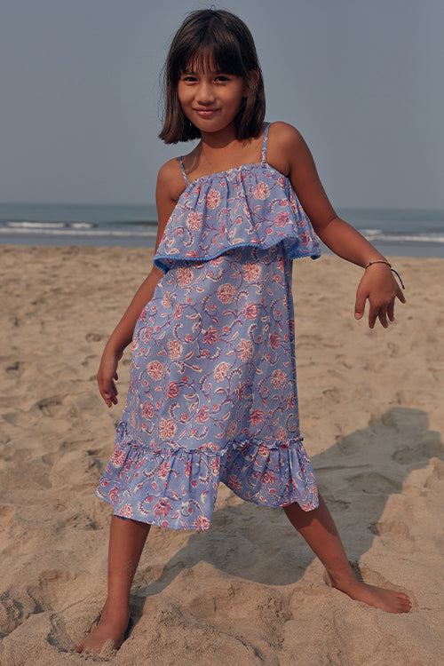 Okhai 'Hug' Hand Block Printed Off Shoulder Pure Cotton Kids Dress