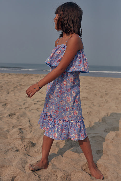 Okhai 'Hug' Hand Block Printed Off Shoulder Pure Cotton Kids Dress