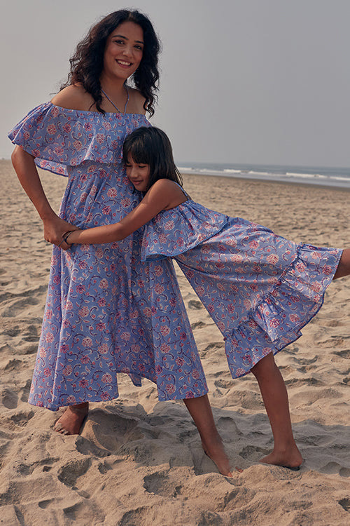 Okhai 'Hug' Hand Block Printed Off Shoulder Pure Cotton Kids Dress