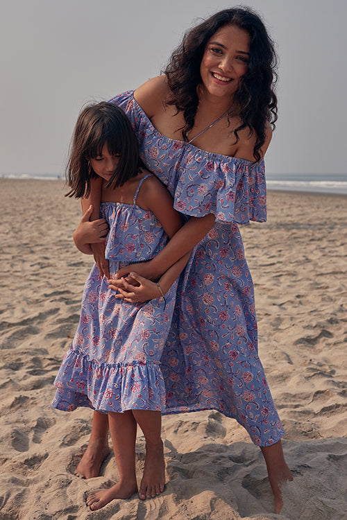 Okhai 'Hug' Hand Block Printed Off Shoulder Pure Cotton Kids Dress