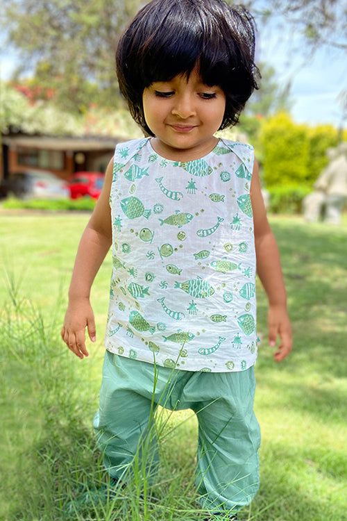 Whitewater Kids Unisex Organic Koi Mint Jhabla with Mint Pants