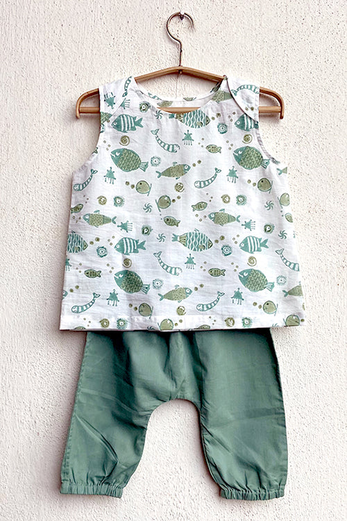 Whitewater Kids Unisex Organic Koi Mint Jhabla with Mint Pants